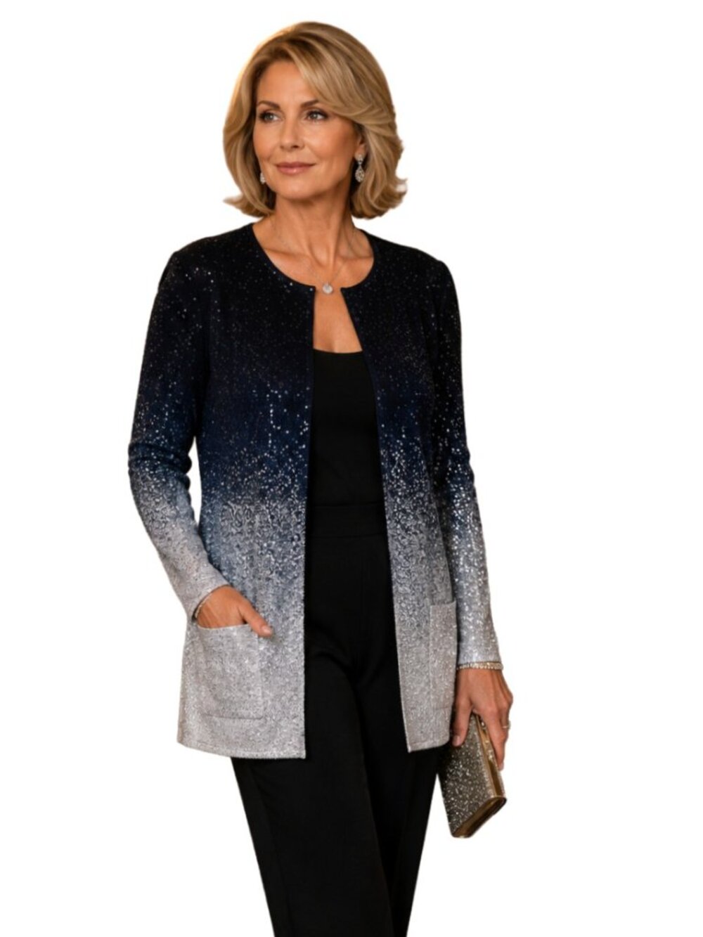 ST JOHN Navy Sparkle Silver Ombré Knit Cardigan Evening Glamour Jacket Luxe Sz L - Picture 8 of 8